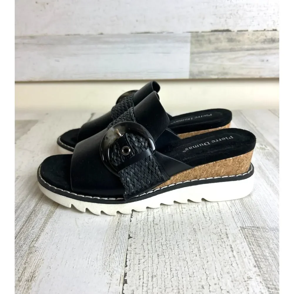 Pierre Dumas Womens 7 Black Leather Suede Buckle Platform Wedge Slip On Sandals